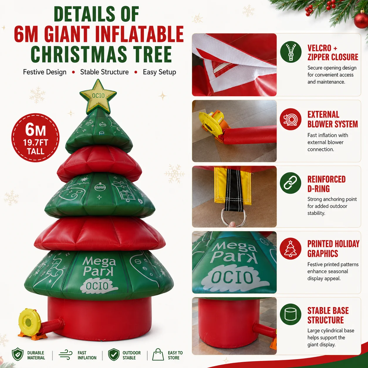 Large Inflatable Christmas Tree, 10FT PVC or Oxford Fabric, Outdoor Holiday Decoration for Events and Festivals