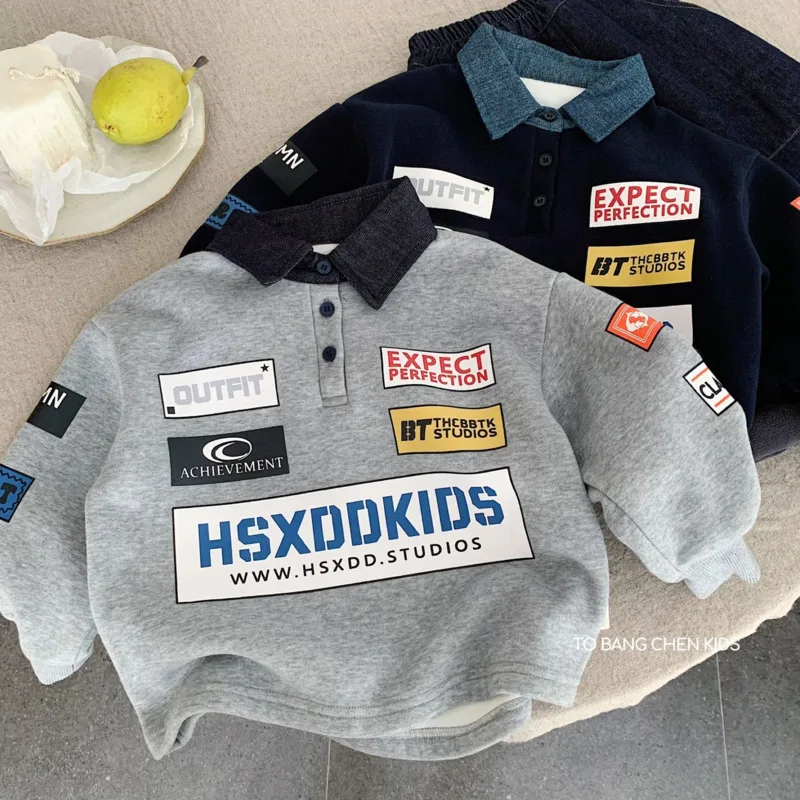 

2025 Autumn Winter Cotton Boys Fleece Sweatshirt Children Kid Denim Collar Pullover Top Thick Warm Bottom 3-10 Years Toddler