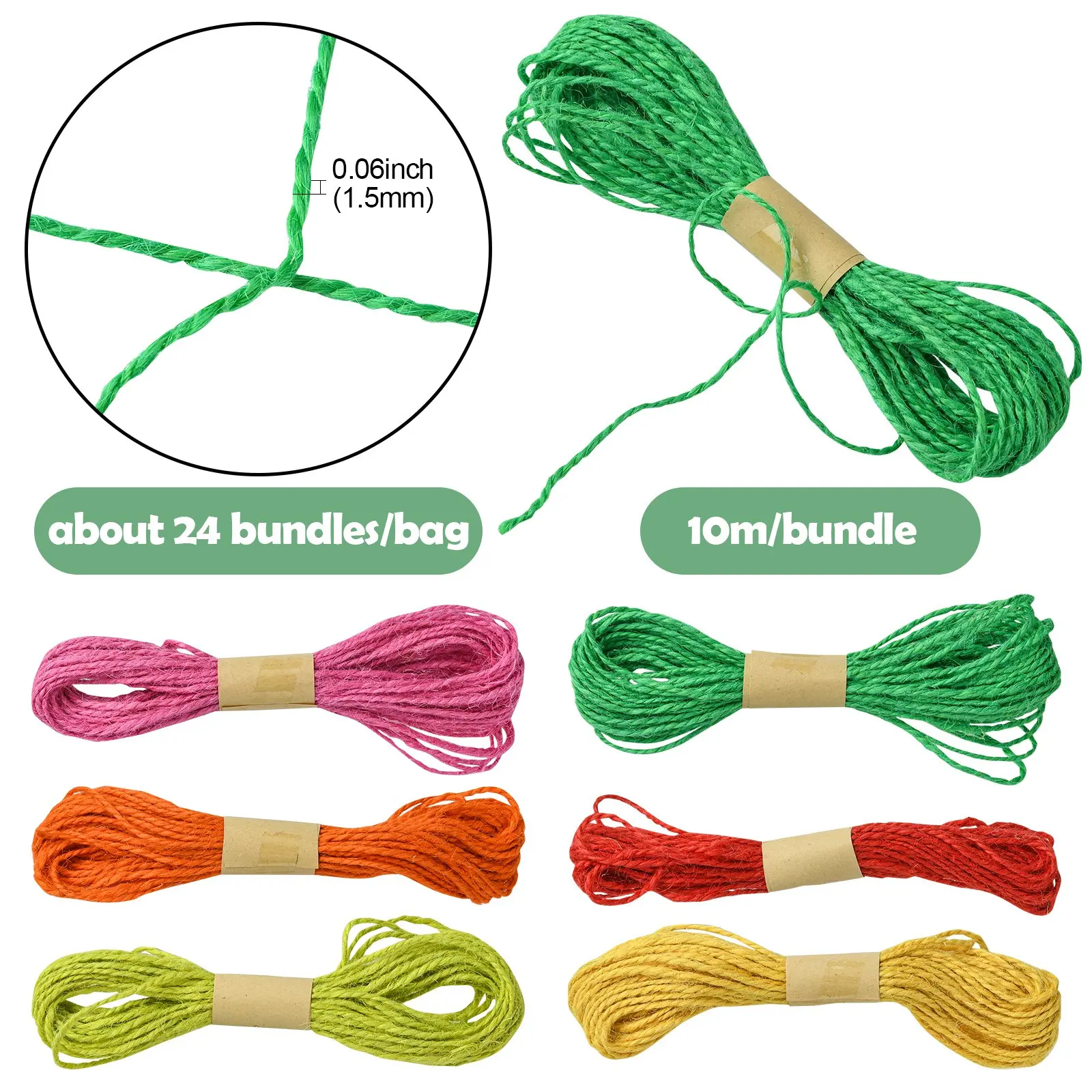 Pandahall 10m Jute Rope 24 Bundles Colored Jute Twine String 1.5mm Craft String for DIY Gift Wrapping