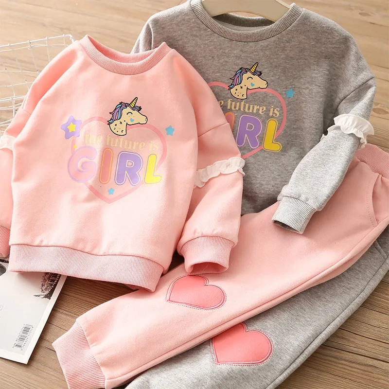 2024girls autumn casual sweater suits cartoon long-sleeved round neck top love pants sports 2pcs clothing set