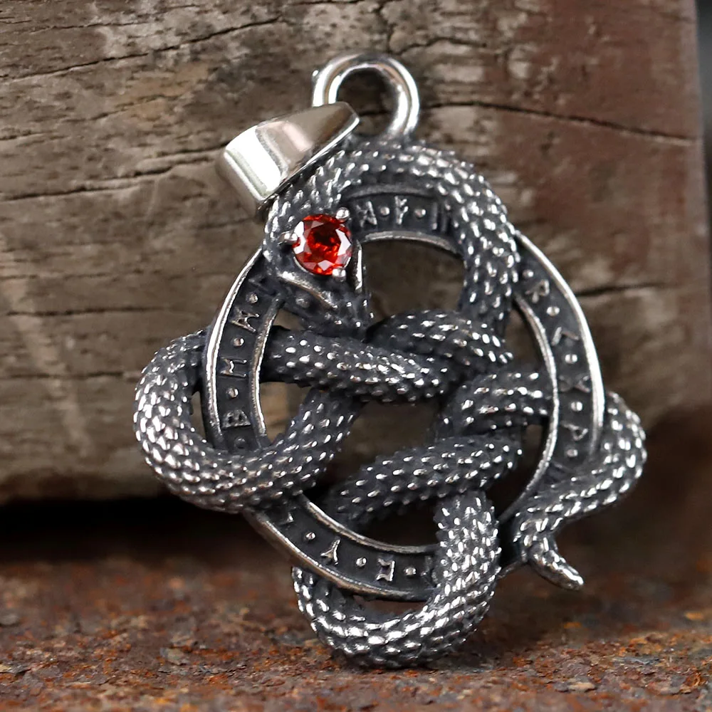 2024 new Nordic Vikings Snake head and rune Pendant Necklace with  red zircon Animal Stainless Steel  Jewelry Gift for Boyfriend