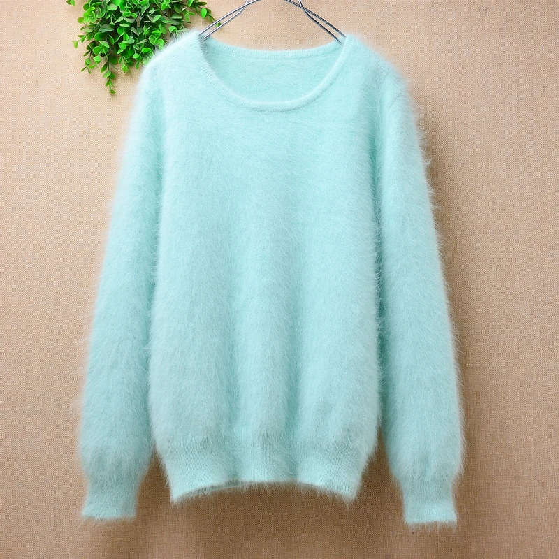 Elegant Fashion Ladies Women Fall Winter Clothing Hairy Plush Mink Cashmere Knitted O-Neck Slim Blouses Pullover Jumper Sweater