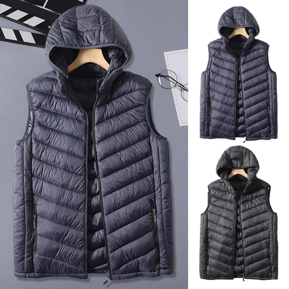 

2026 Men Winter Waistcoat Hooded Sleeveless Zipper Closure Vest Coat with Pockets Solid Color Casual Cotton Waistcoat
