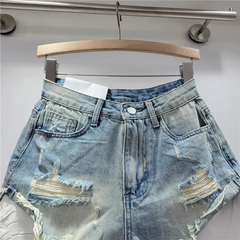 2025 Summer New Women's Pink Hole Denim Shorts High Waist Slimming Spicy Girl A-line Ragged Edge Shorts