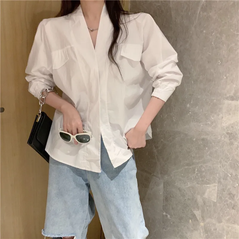 Women White Big Size Shaped Blouse New V-collar Long Sleeve Loose Fit Shirt Fashion Tide Spring Autumn 2024