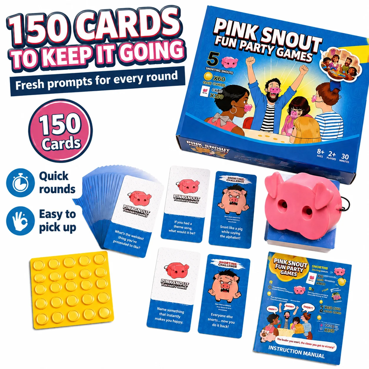 2026 Interactive Snorting Snout Game, Funny Challenge Prop, 5 Pink Noses 150 Cards, Birthday Party Entertainment