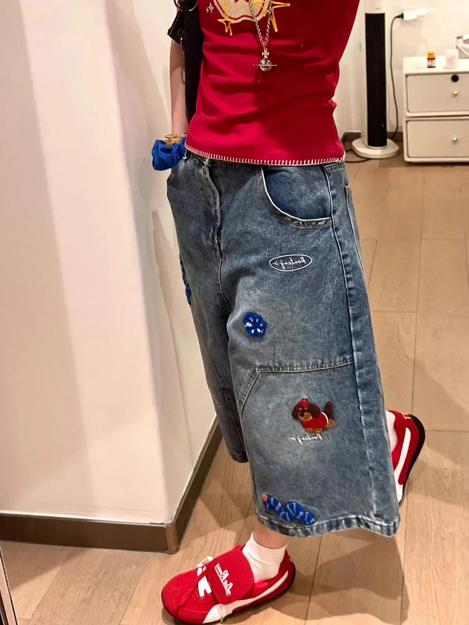 Women's retro American blue denim seven quarter hot girl shorts summer versatile straight leg wide leg casual loose Y2K jeans