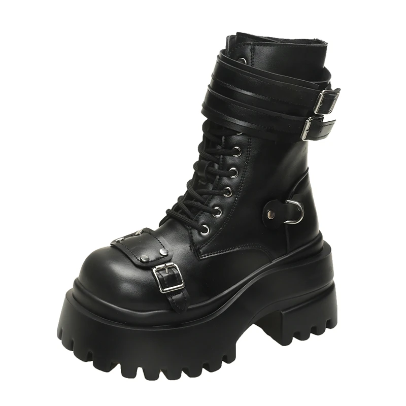 

9CM High Platform Gothic Boots Autumn Winter Warm Fur Leather Shoes Punk Street Cosplay Ankle Boots Belt Buckle Motorcycle Botas