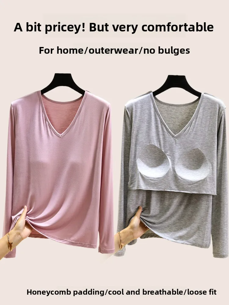 

Повседневная футболка V-Ne Long Sve, женская весенне-осенняя хлопковая футболка из модала для отдыха, базовый слой, топ больших размеров, без бюстгальтера, хлопковое нижнее белье