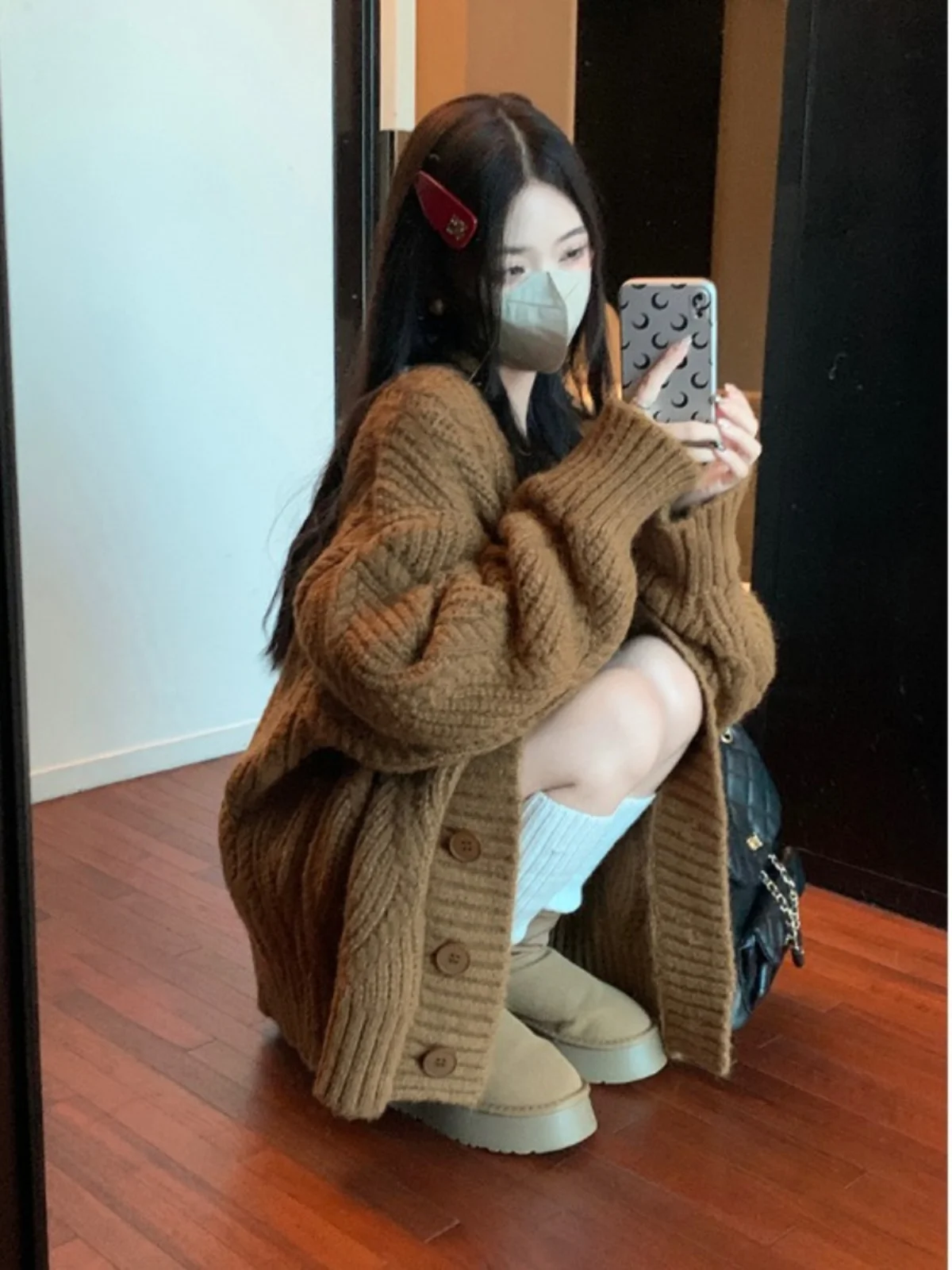 

Мягкий тонкий осенне-зимний коричневый свободный вязаный кардиган-свитер V-Ne Long Sve пальто средней длины для женщин для поездок на работу Sle