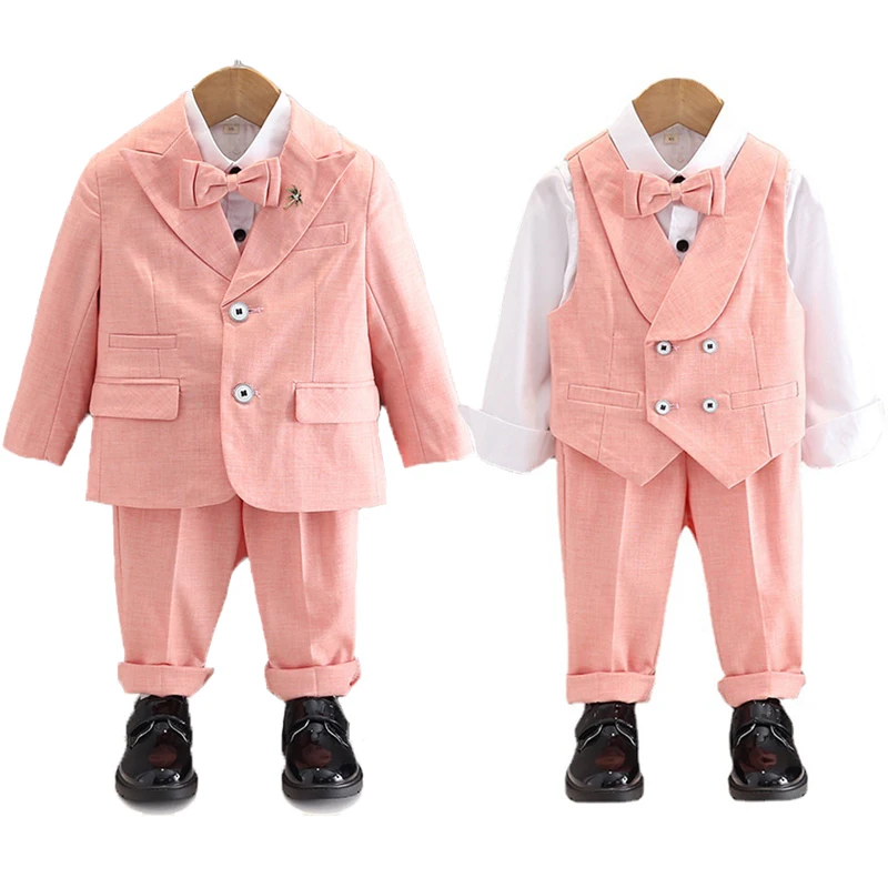 Boys Dress Suit Set Autumn Winter Flower Child Wedding Birthday Party Performance Costume Kids Blazer Vest Pants Bowtie Clothes