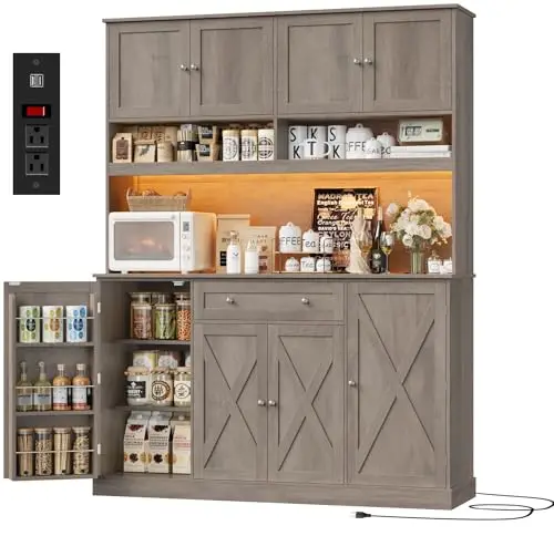 72.8”Hx55”W Pantry Cabinet with LED & Charging Station, Kitchen Hutch | Farmhouse Coffee Bar Cabinet with Storage