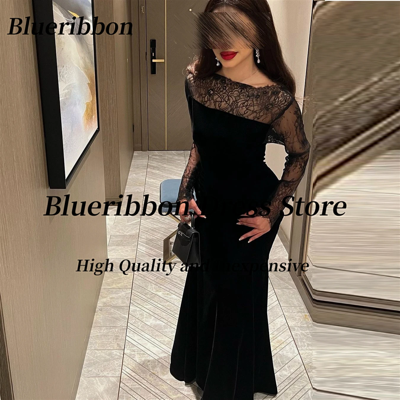 Blueribbon-فساتين حورية البحر من الدانتيل للنساء ، أكمام طويلة ، ظهر مثير ، أنيق ، أسود ، حفلة موسيقية ، حفلة ، مساء