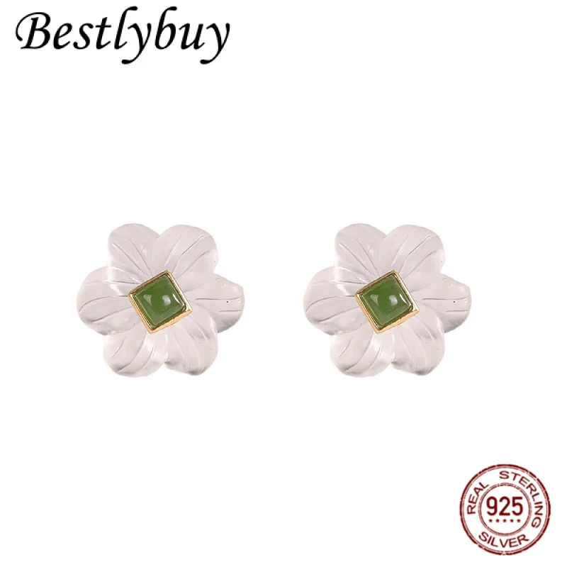 

S925 Silver Gold-plated Natural White Crystal Carved Camellia Earrings For Women's Fashion Small And Fresh Gift 2026
