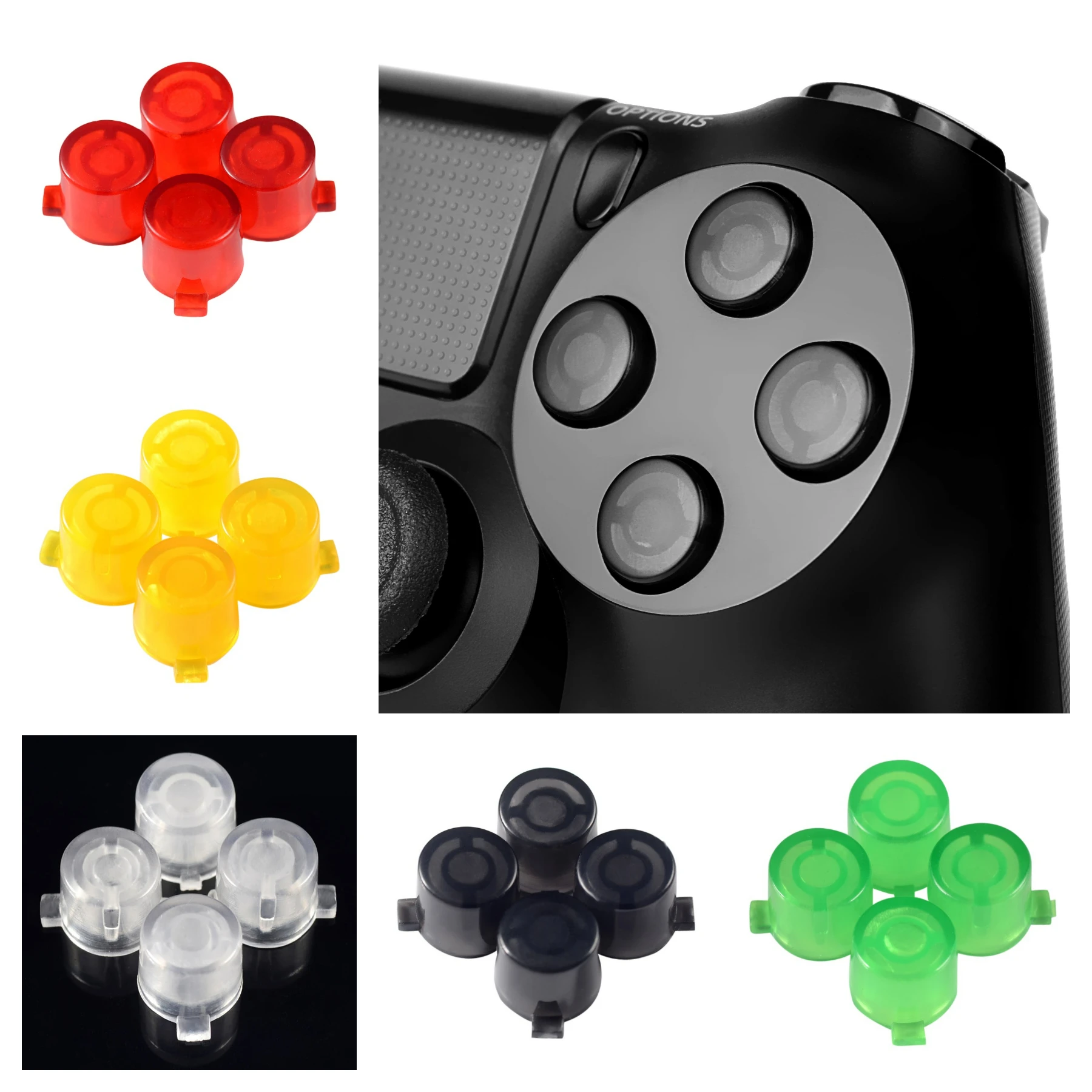 EXtremeRate Kit Tombol Aksi Kustom untuk PS4 Semua Model Pengendali Transparan Merah Hijau Kuning Biru Hitam Putih