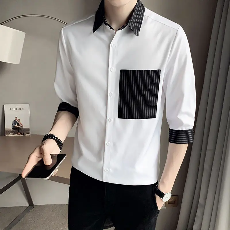 

Patchwork Pockets Button Turn-down Collar Fashion Casual Solid Formal Man Men's Clothing Spring Summer Thin Shirts Elbow Sleeve