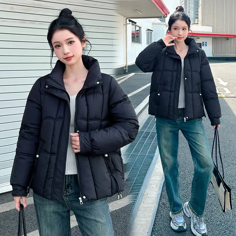 Parka Cappotti Donna Giacche corte Tasca con cerniera solida Colletto alla coreana Maniche lunghe Vestibilità ampia Spessa Office Lady Casual 2025 Inverno