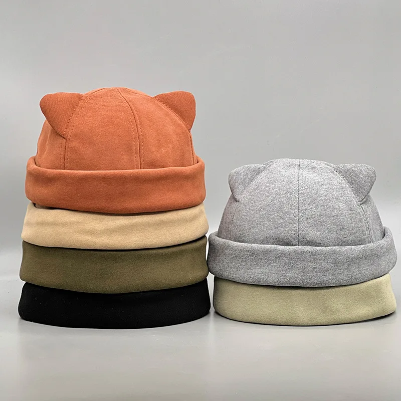 Vintage Dome Hat Mens Women Brimless Skull Caps Cat Ear Cotton Beanies for Men Docker Sailor Crimping Hat Casual Hip Hop Cap