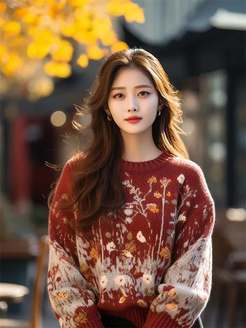 

European Brand Clearance Heavy Industry Beautiful Contrasting Printed Sweater Women's Autumn And Winter Soft Glutinous Knitted