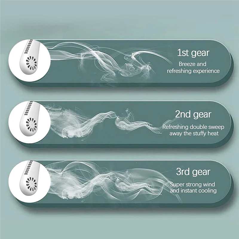 Ventilador de silicona sin hojas de 3 velocidades, ventilador eléctrico portátil deportivo silencioso, ventilador portátil para colgar en el cuello con manos libres para el hogar y al aire libre