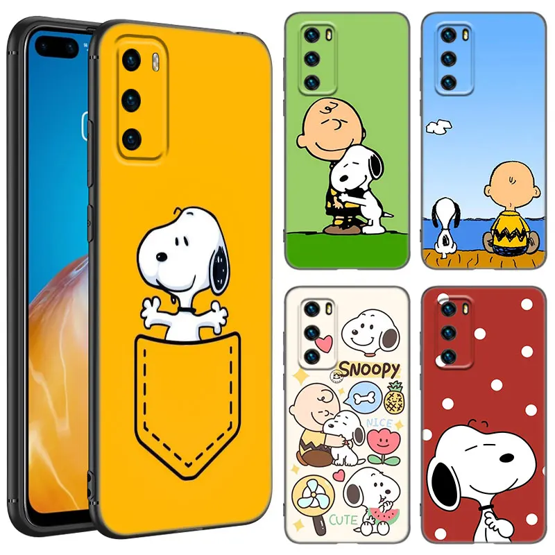 Cartoon Cute Snoopy Phone Case For Huawei P8 P9 P10 P20 P30 P40 Lite E P50 P Smart Pro Z S 2018 2019 2020 2021 Soft Black Cover