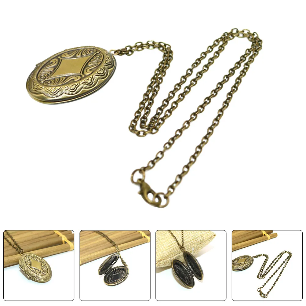 2Pcs Bronze Oval Locket Necklace for Women Photo Pendant Holds Two Photos Vintage Keepsake Jewelry Memorial Locket Charm