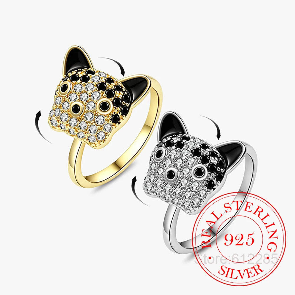 925 Sterling Silver Jewelry Luxury Crystal Kitten Rotatable Finger Rings for Women Wedding Party Jewelery for Girls Friends Gift