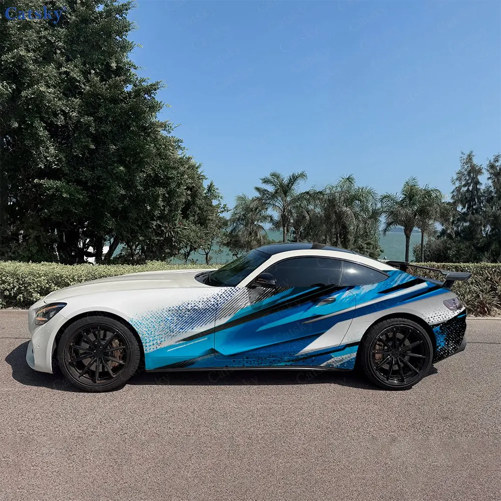 2pcs Blue White Color Block Blade Car Side Wraps, Self-Adhesive PVC Waterproof & Scratch-Resistant Stickers, Car Accessory Gift