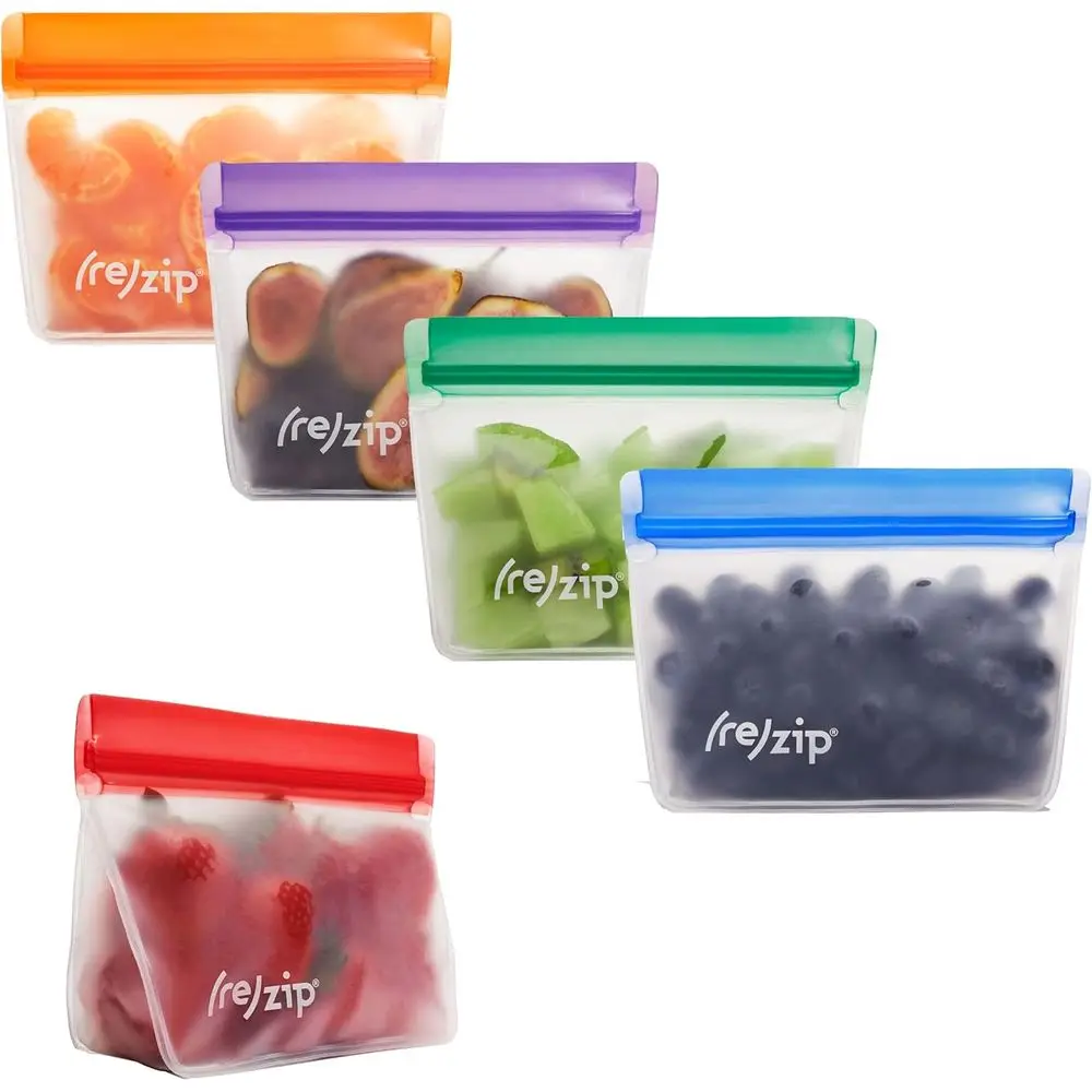 

Set of 5 Reusable Zipper Bags - BPA-Free, Leakproof, Dishwasher & Freezer Safe - 1-Cup Snack Bags in Jewel Tones for Organized S