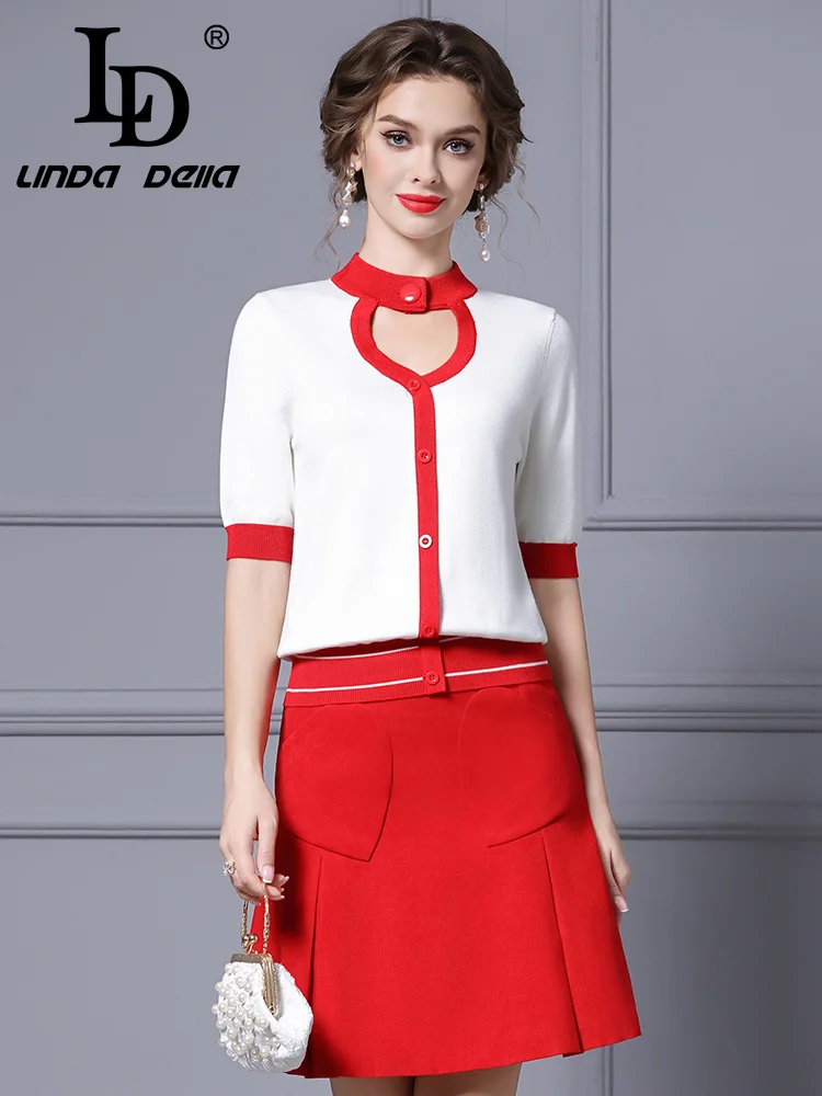 

LD LINDA DELLA Red and white knitted sweater short cut high waisted daily commuting single breasted fashion two-piece set