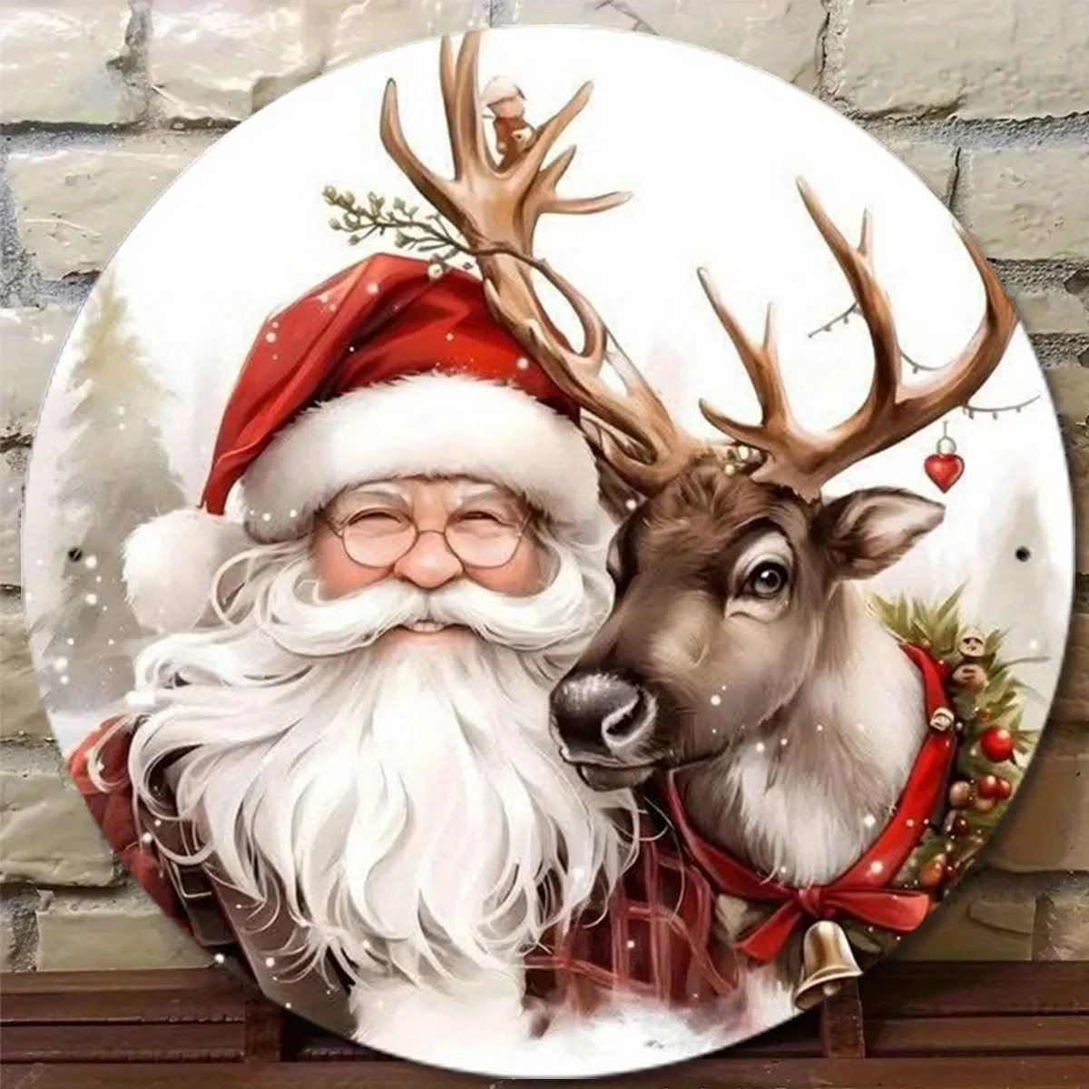2D Flat, 1 Piece Vintage Santa Claus and Reindeer Wall Decoration - Round Aluminum Metal Christmas Sign with Red Santa Claus, Gifts, and Holly, No/Electric
