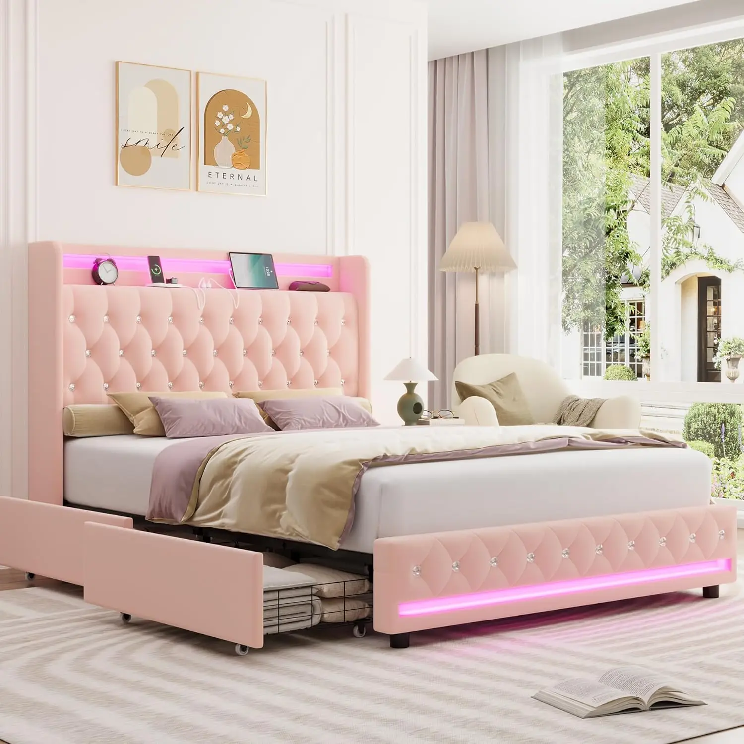 Upholstered Full Size LED Bed Frame with Charging Station & 4 Storage Drawers, Velvet Crystal Button-Tufted Wingback Headb
