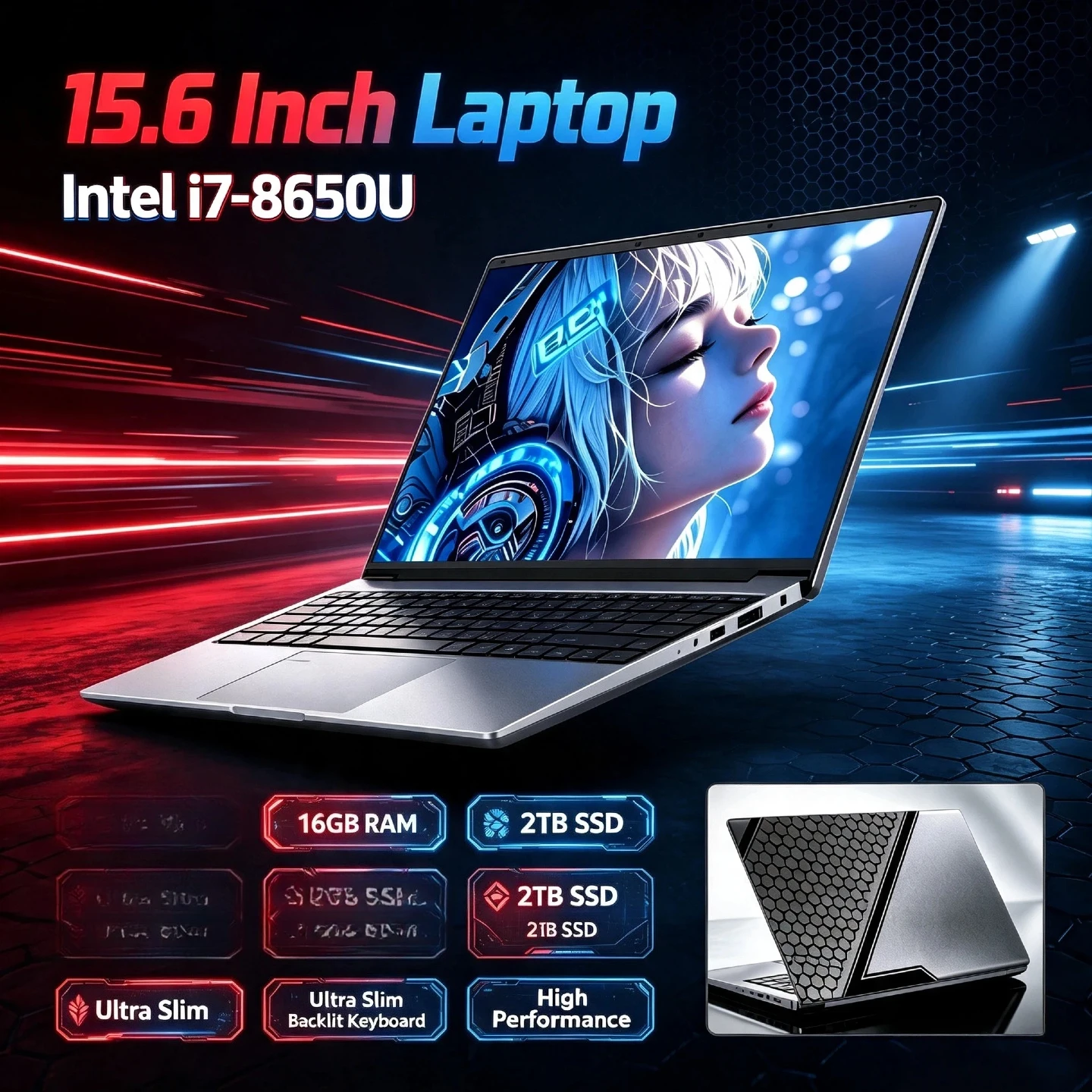 i7-8650U Ultra Slim Laptop 4C 8T 4.2GHz 8MB Cache Fingerprint Unlock Backlit Keyboard 16GB 2TB SSD High Performance