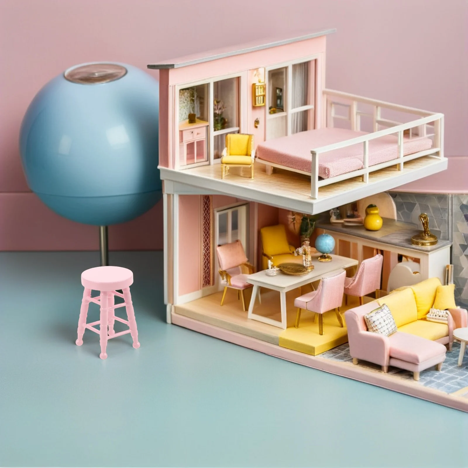 Mini-Hocker, 1:12, Massivholz, rundes Design, hohe Beine, Stuhl für Miniaturmöbel, Basteln, Mikroszene, Dekor, Hochstuhl