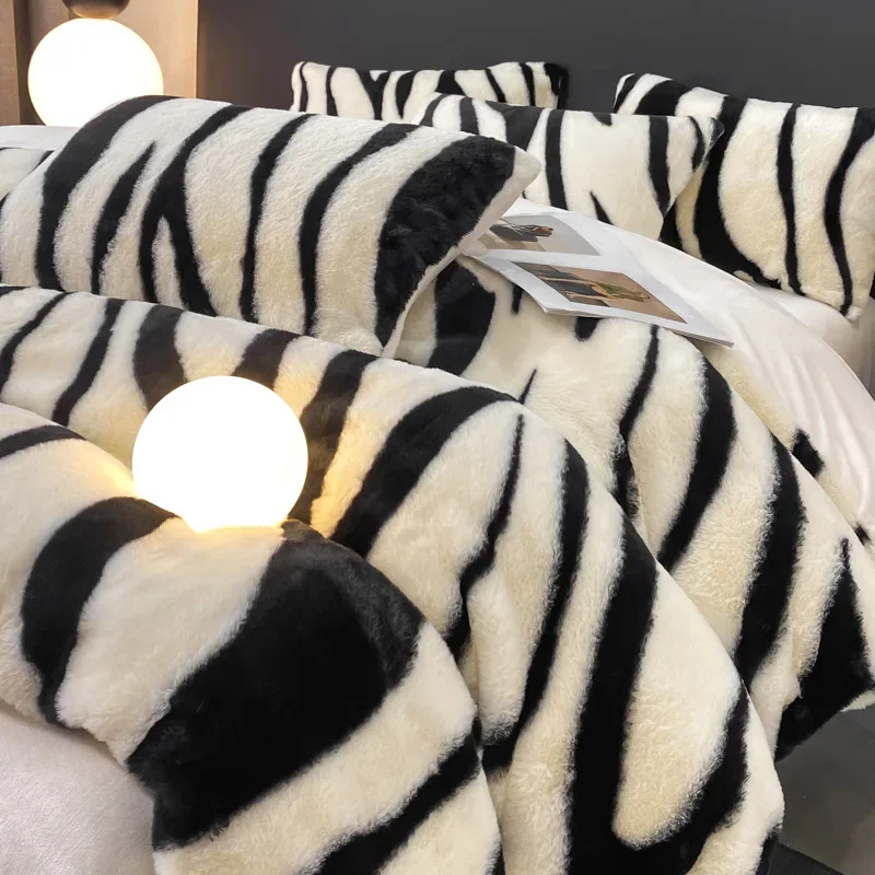 Rabbit Velvet Zebra Striped Bedding Set Autumn Winter Milk Velvet Quick Heating Warm Beddings Anti‑Static Smooth Cozy Bed Cloth