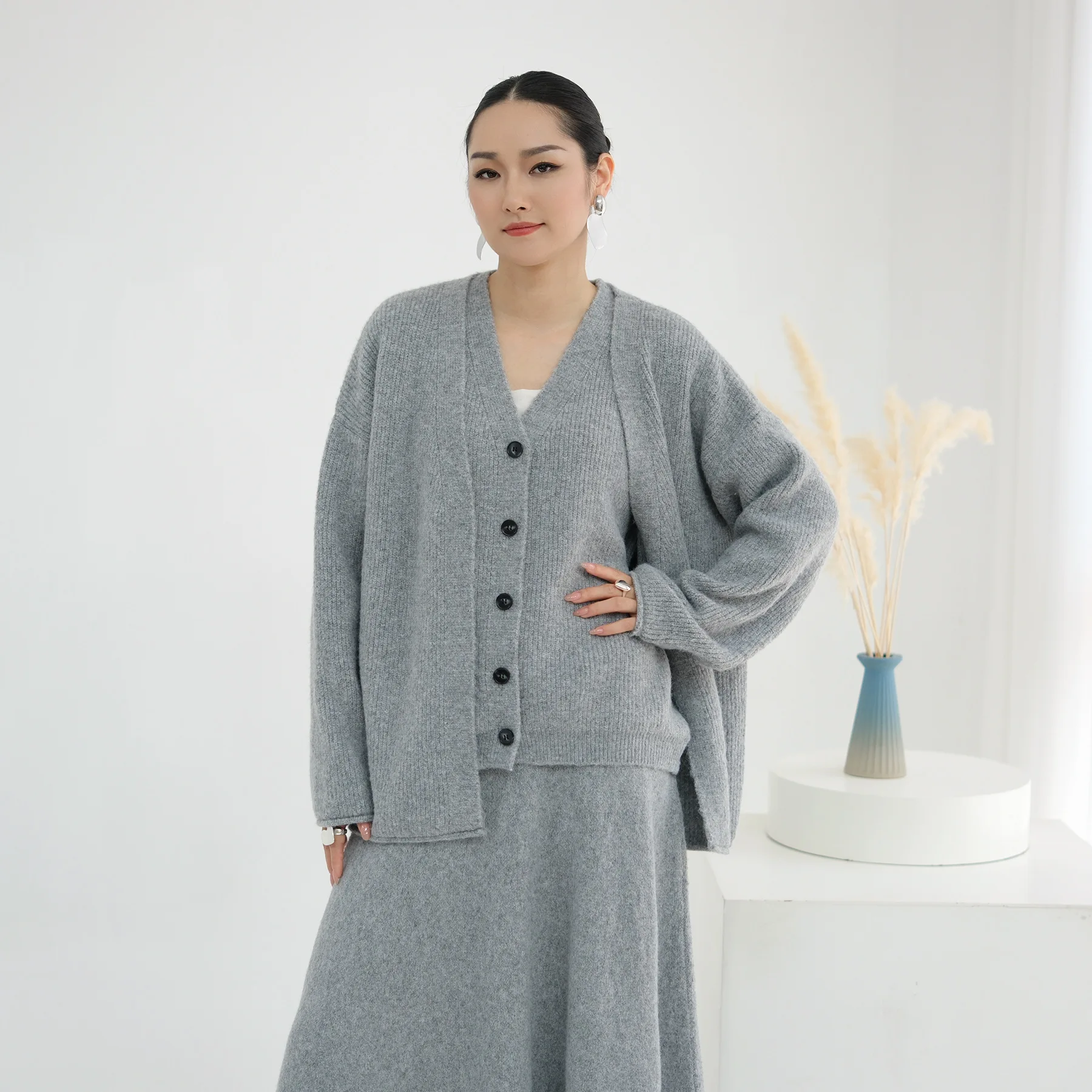 

Осенне-зимние вязаные мусульманские комплекты из 3 предметов для женщин, кардиган, топы без рукавов, юбка, турецкое платье Абая, комплект Femme Musulmane Ensembles