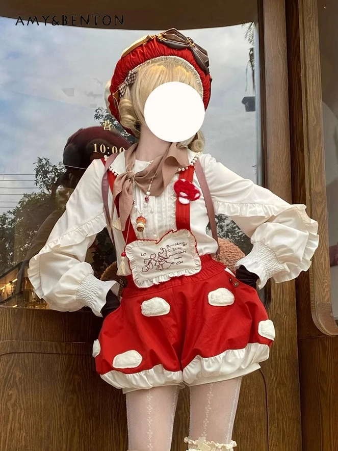 

Mushroom Bud Strap Shorts Cute Red Lolita Kawaii Polka Dot Print Patchwork Color Slim Puffy Short Women Japanese Sweet Shorts