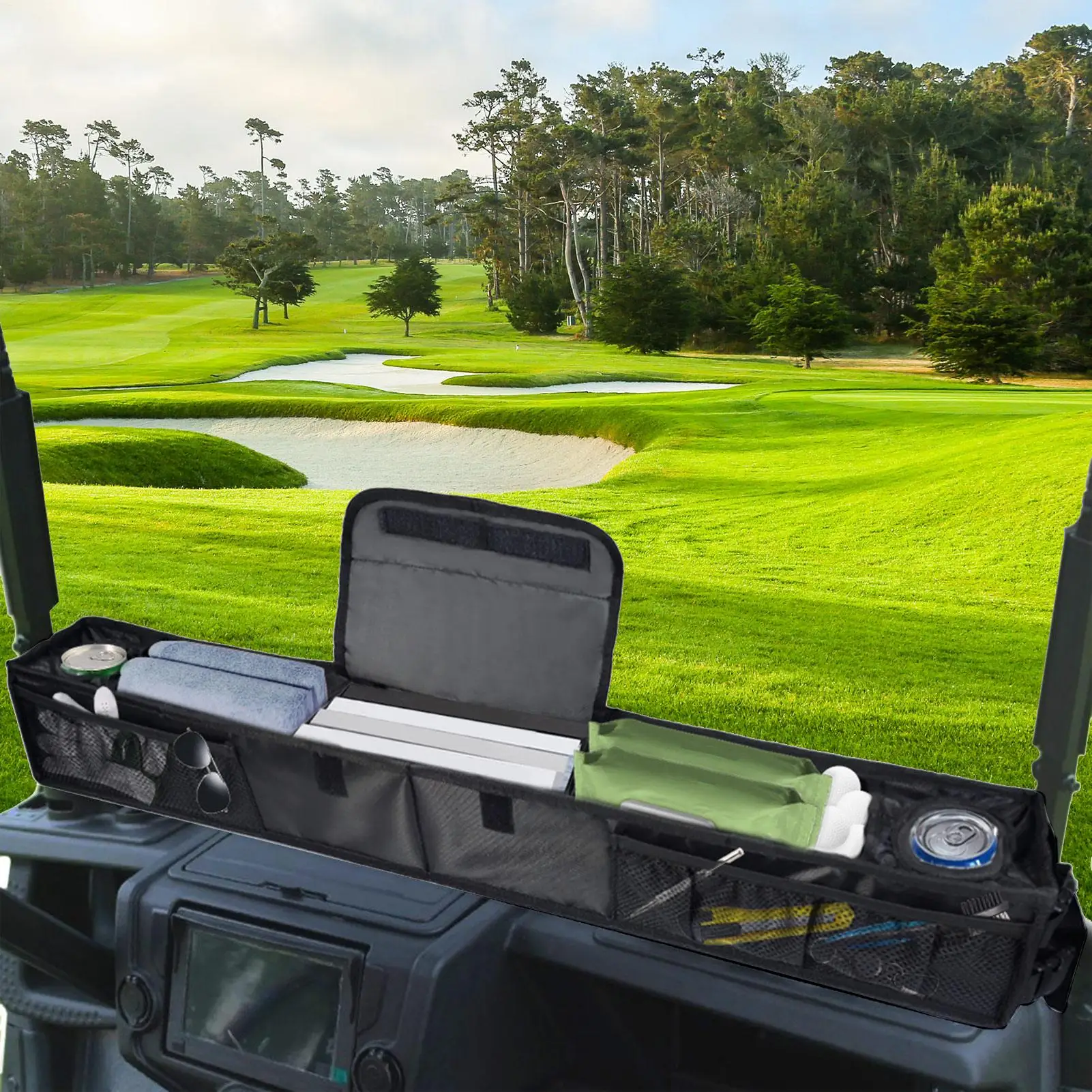 

Golf Cart Storage Baskets Front Storage Basket No-Drilling Heavy Duty Golf Cart Organizer With Cooling Compartment For Dashboard