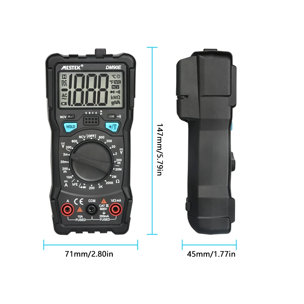 DM90E 미니 멀티미터 디지털 멀티미터, 자동 범위 테스터, 온도 프로브 멀티테스터 포함, 1999 카운트