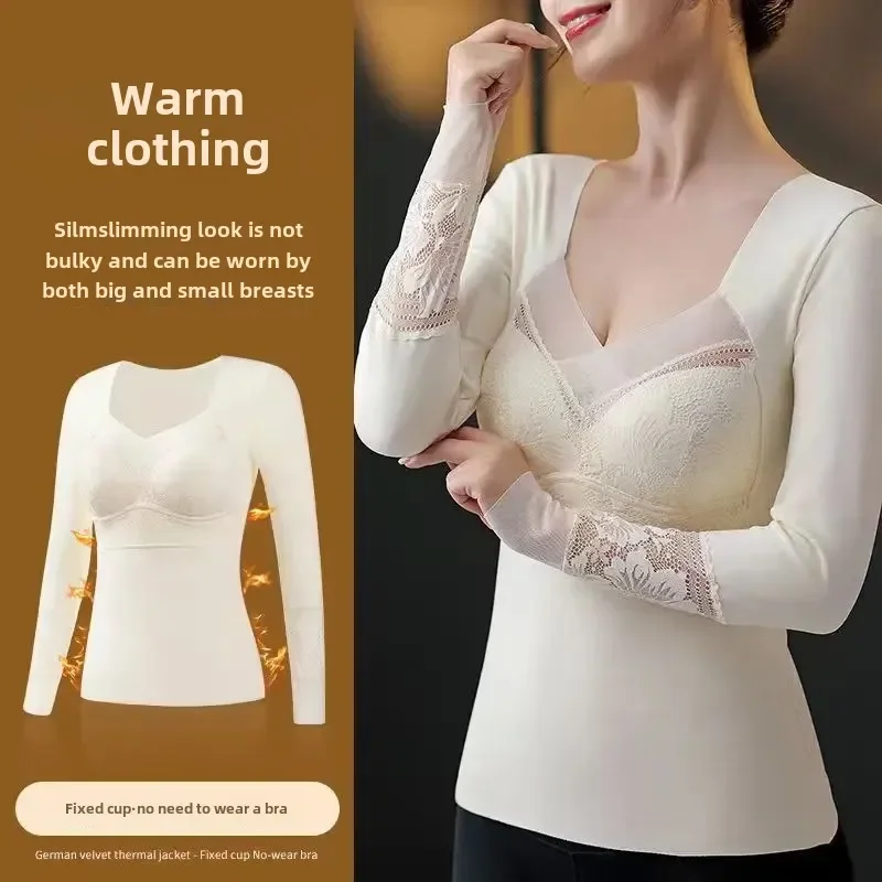 Thickened Fleece-Lined Warm Base Layer Top Women's Thermal Underwear Tops Velvet Long Sleevelace High-Quality Winter Warm Top