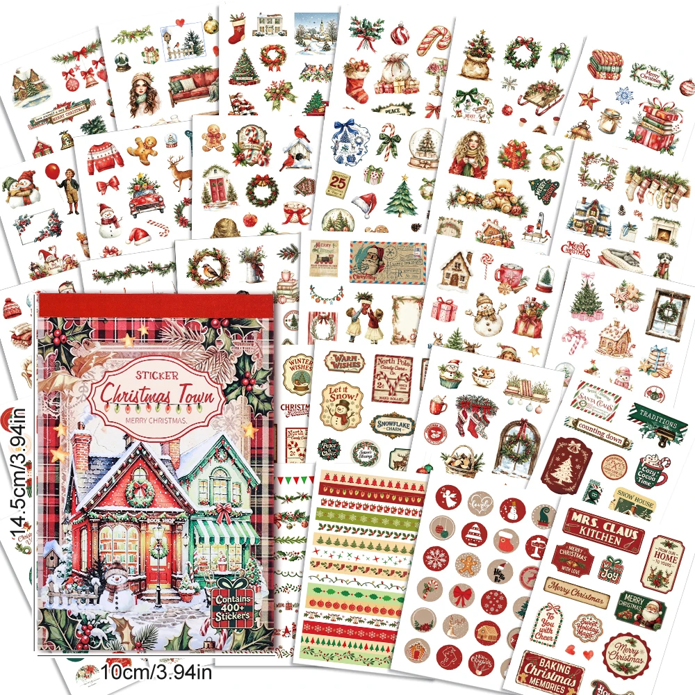 1 Pack 400+ Christmas Town Washi Stickers Santa Snowman Reindeer Presents for Journals Scrapbooks DIY Christmas Party Decor