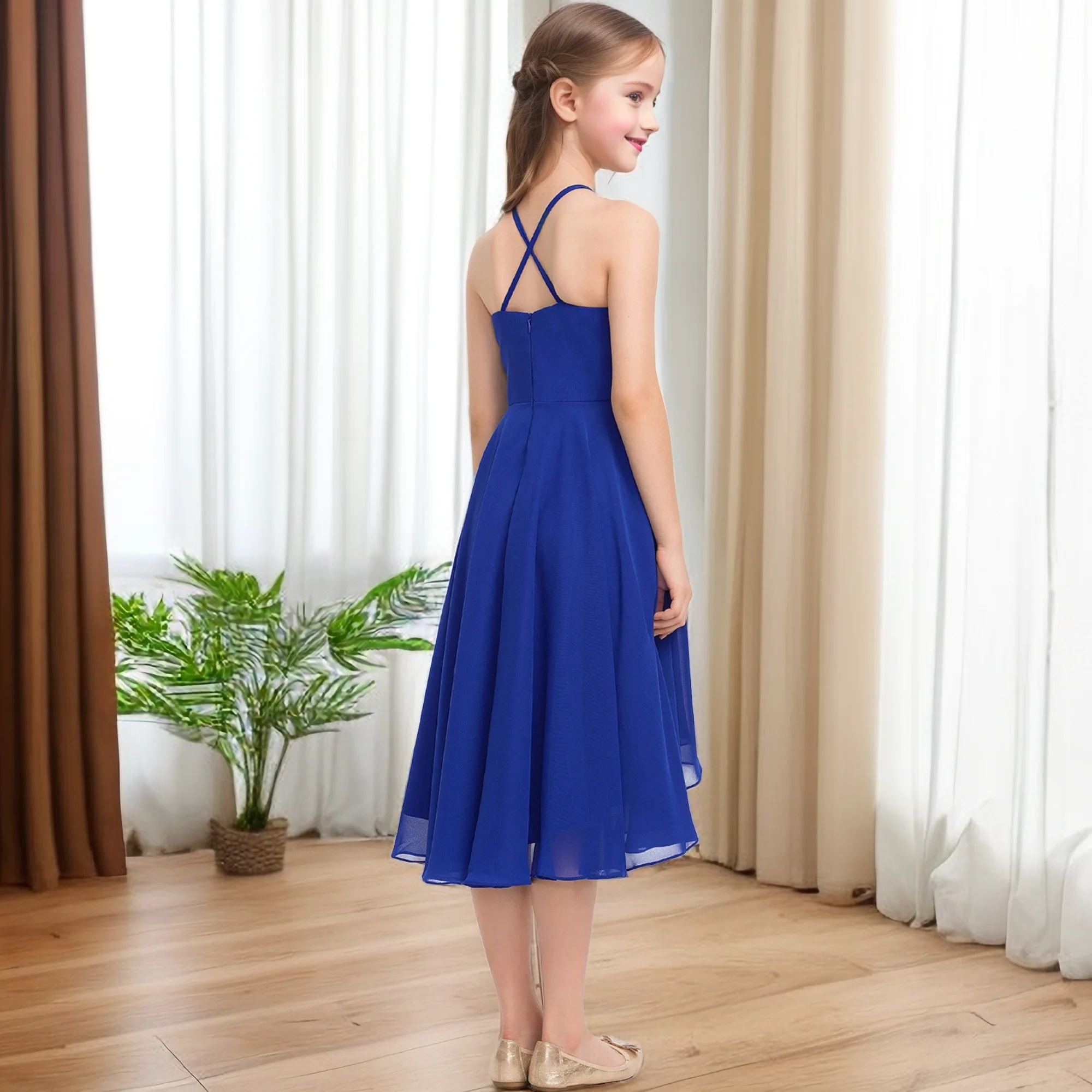 Kids Assymetrical Chiffon Junior Bridesmaid Dress Wedding Ceremony Banquet Prom Night Birthday Party Event Pageant Evening Gown