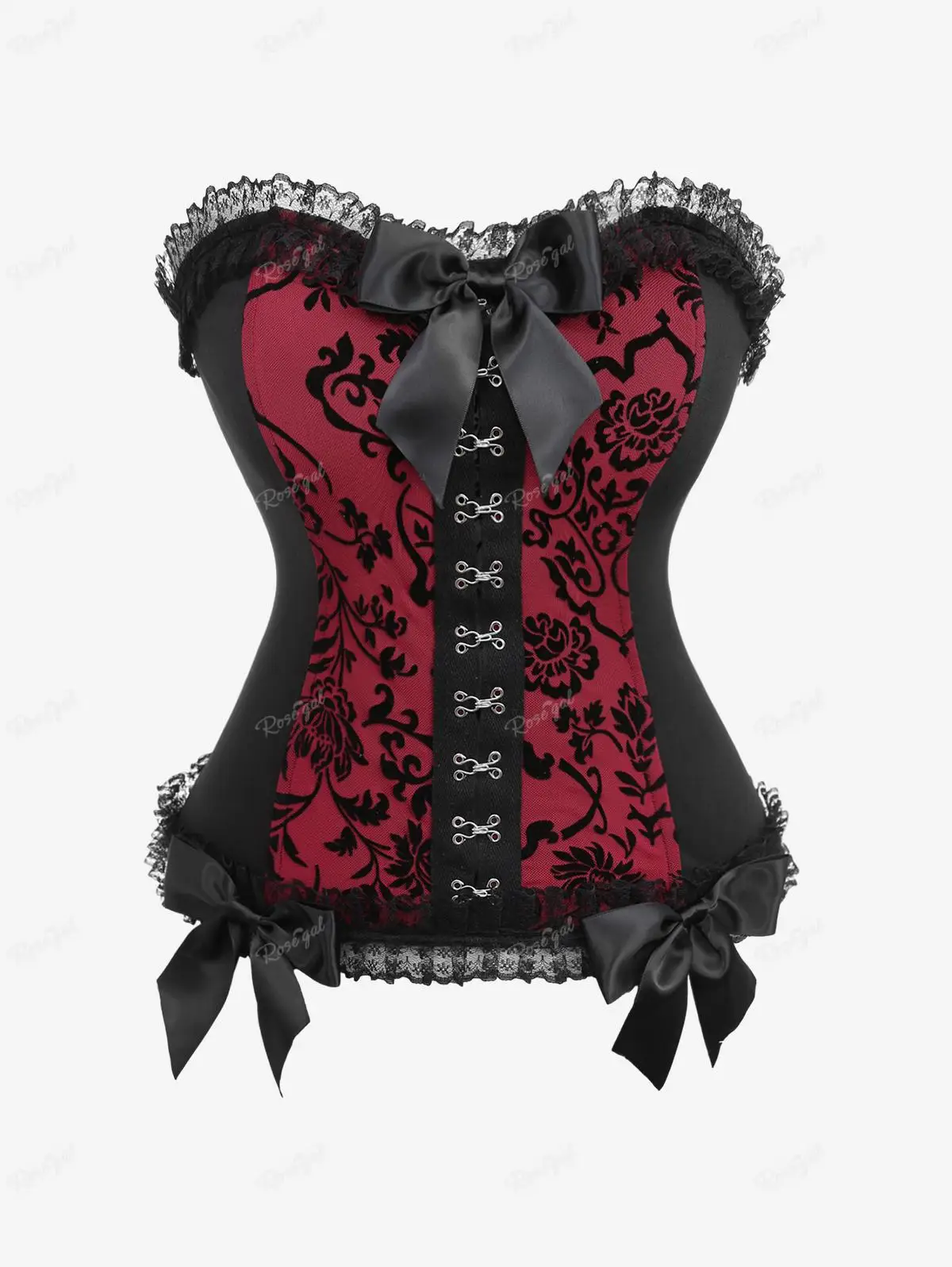 ﻿ROSEGAL Plus Size Gothic Corset Women Floral Flocking Ruffles Lace Trim Hook And Eye Back Lace-up Patchwork Bodysuits Corsets