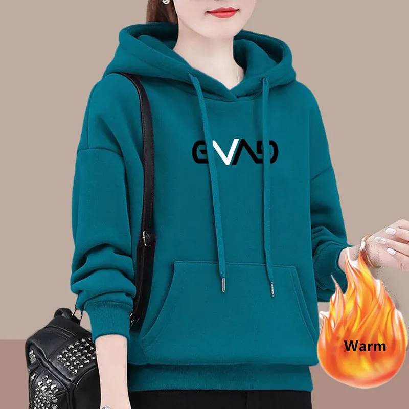 Winter Plush Lined Oversize 80kg Hooded Print Loose Sweatshirt Warm Casual Long Sleeve Tops Thick Woman New Fashion Hoodies