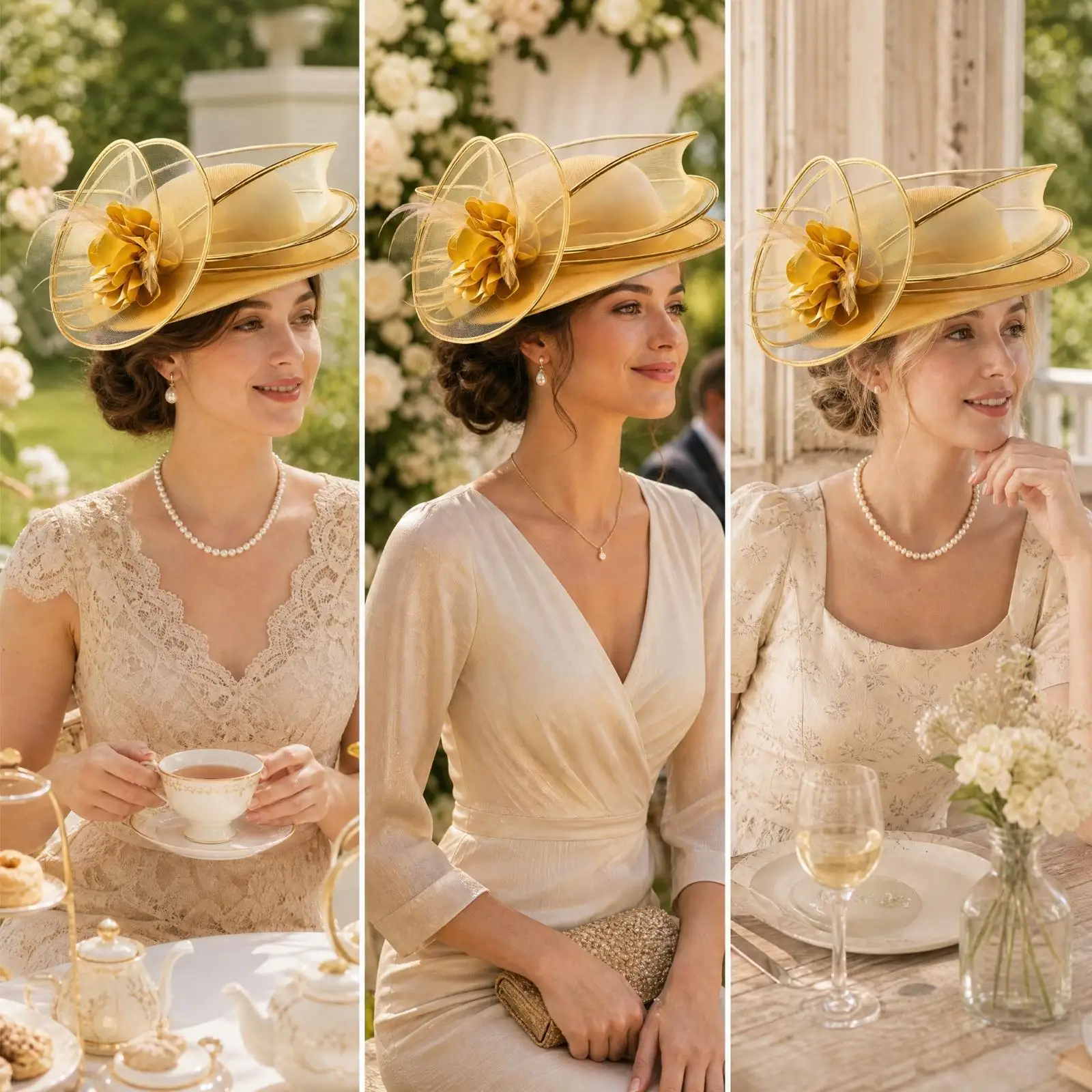 Luxury Women Sun Hat Fascinator for Wedding Guest with Structured Mesh Body and Sculptural Brim for Costume Styling