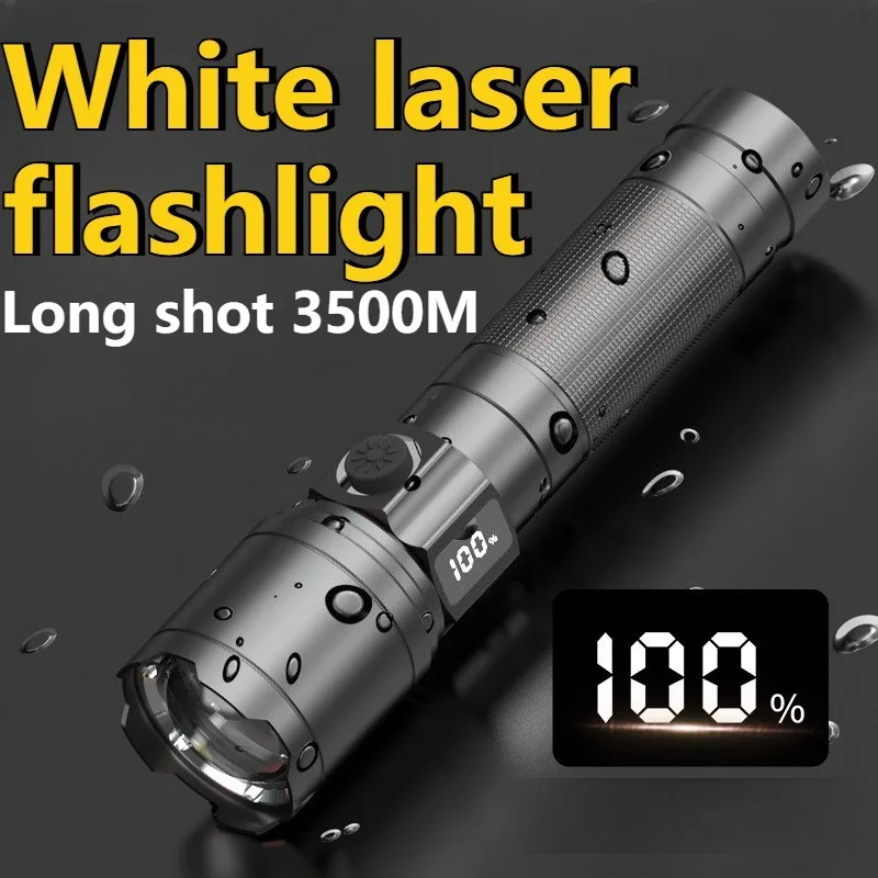 Strong Light LED White Laser Flashlight Type-C Rechargeable Digital Display Zoomable Outdoor Waterproof Fishing Lantern Lamp