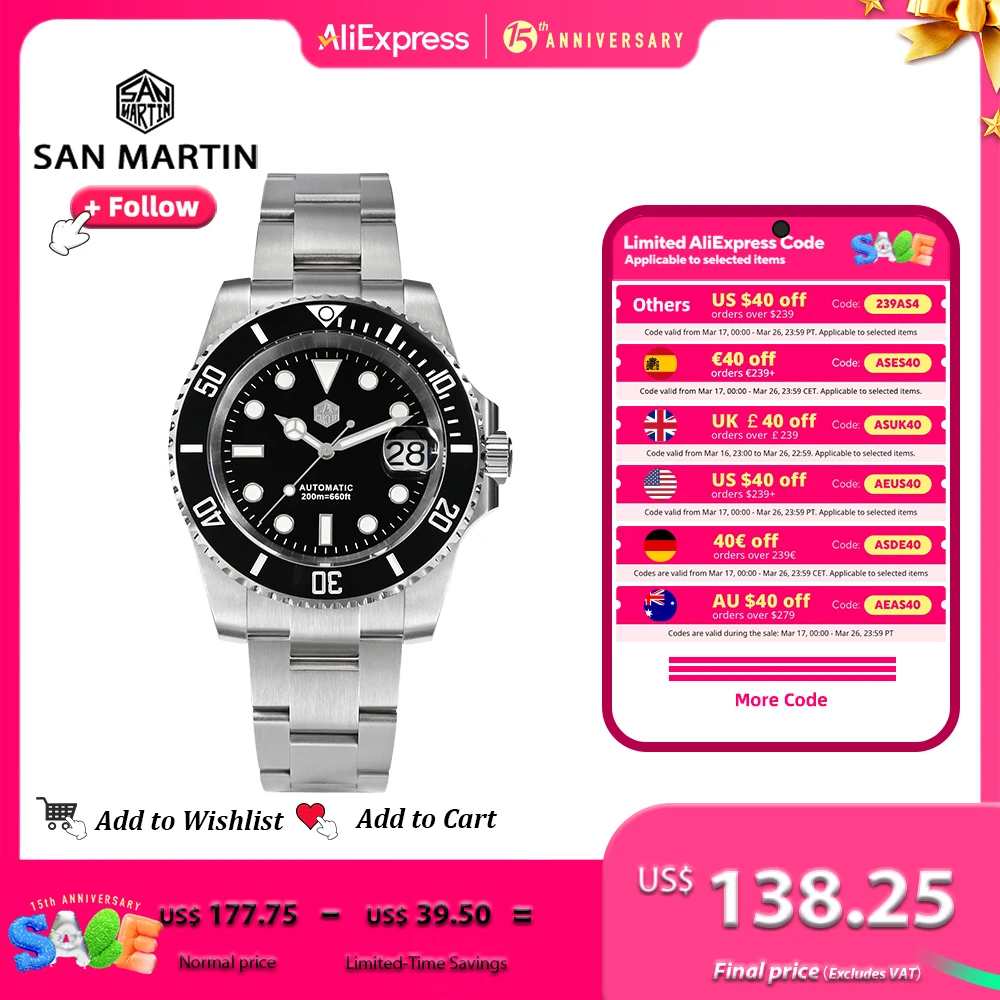 Reloj San Martin Sub Diver de 40mm, relojes mecánicos NH35 de lujo para hombres, cristal de zafiro luminoso de negocios, resistente al agua 20Bar SN0017B