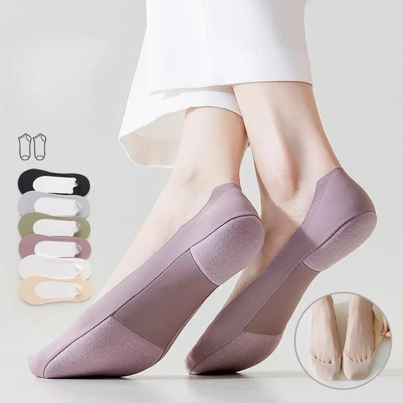 Women's Summer Thin Ice Silk Cotton Breathable Boat Socks Anti-slip Sweat-Absorbent Solid Color Simple Casual Invisible Socks