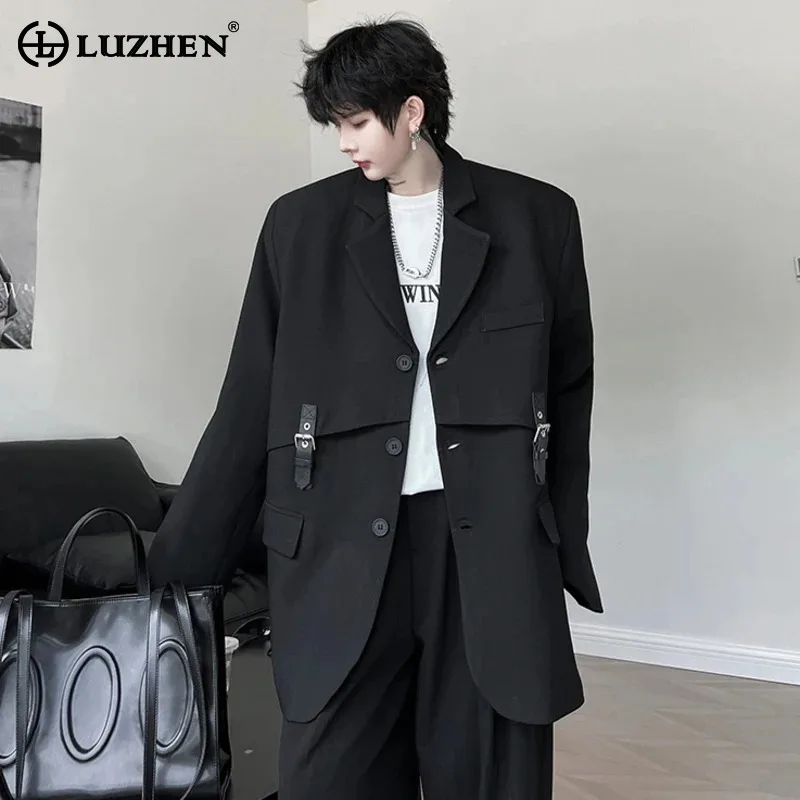 LUZHEN 2025 Korean Niche Design Splicing Original Loose Casual Blazer Jacket Men's High Street Trendy Coat Leather Buckle LZ7457