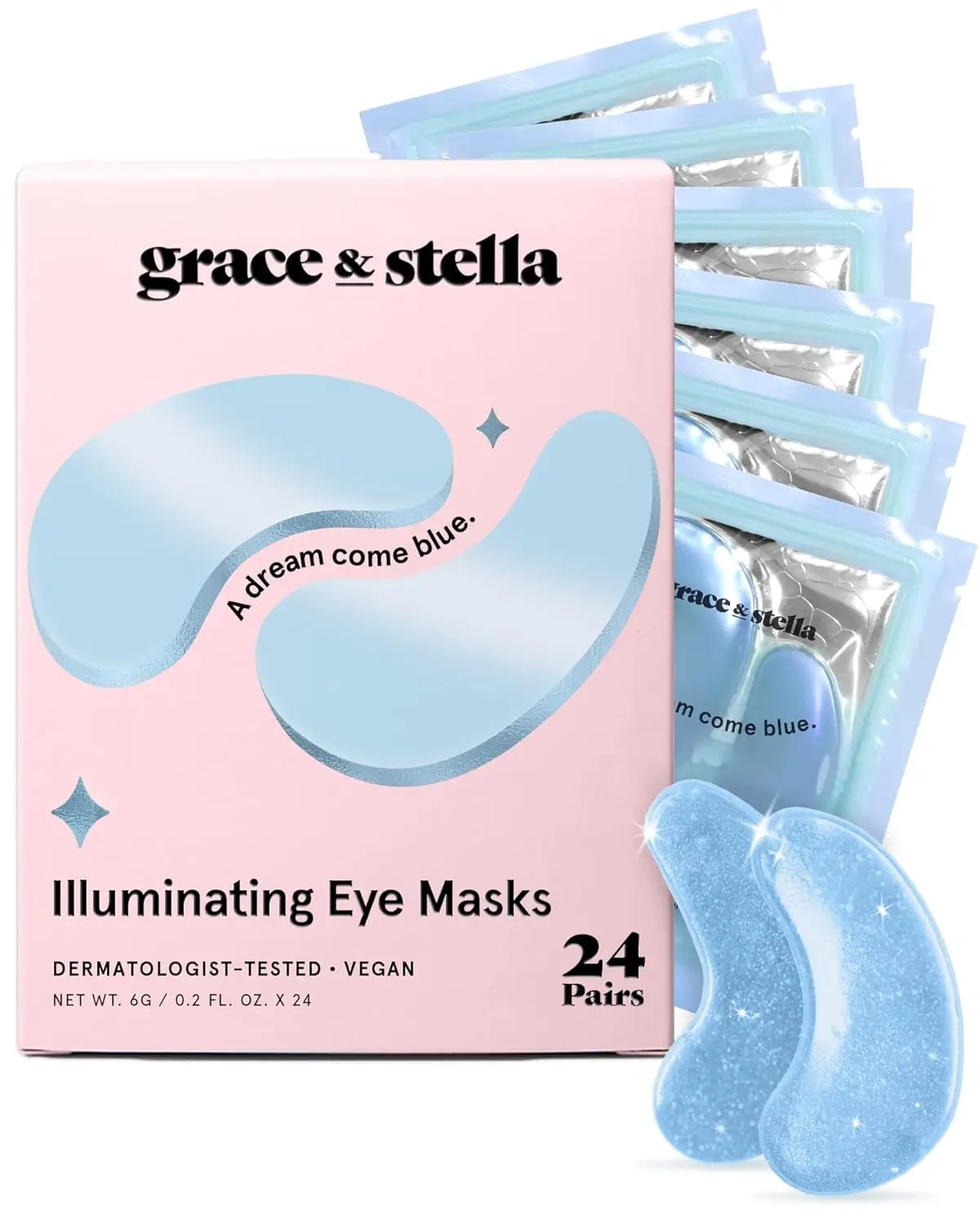 

Vegan Under Eye Patches Reduce Dark Circles, Puffy Eyes, Wrinkles - 24 Pairs Blue Gel Masks